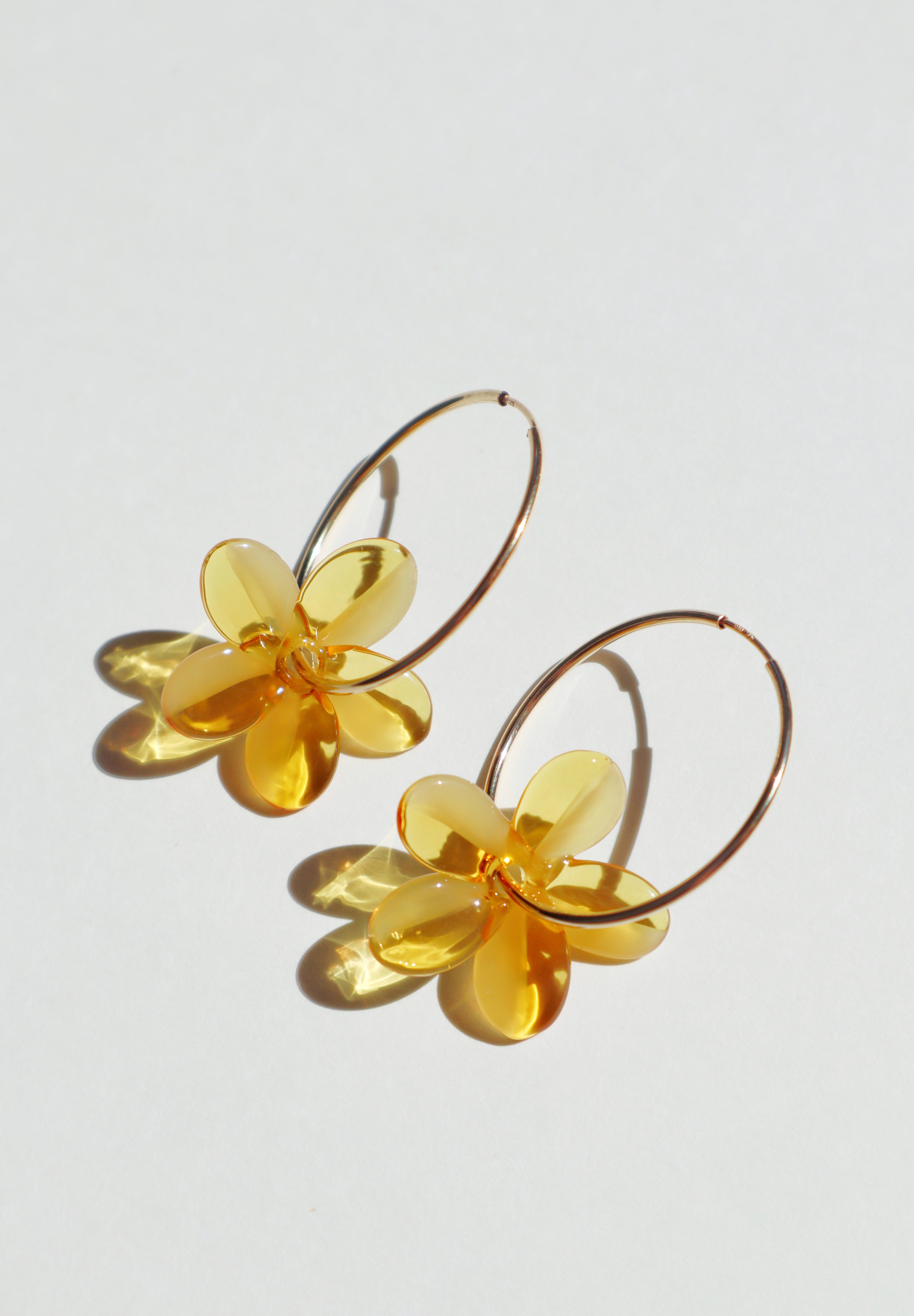 yellow glass plumeria hoop earrings