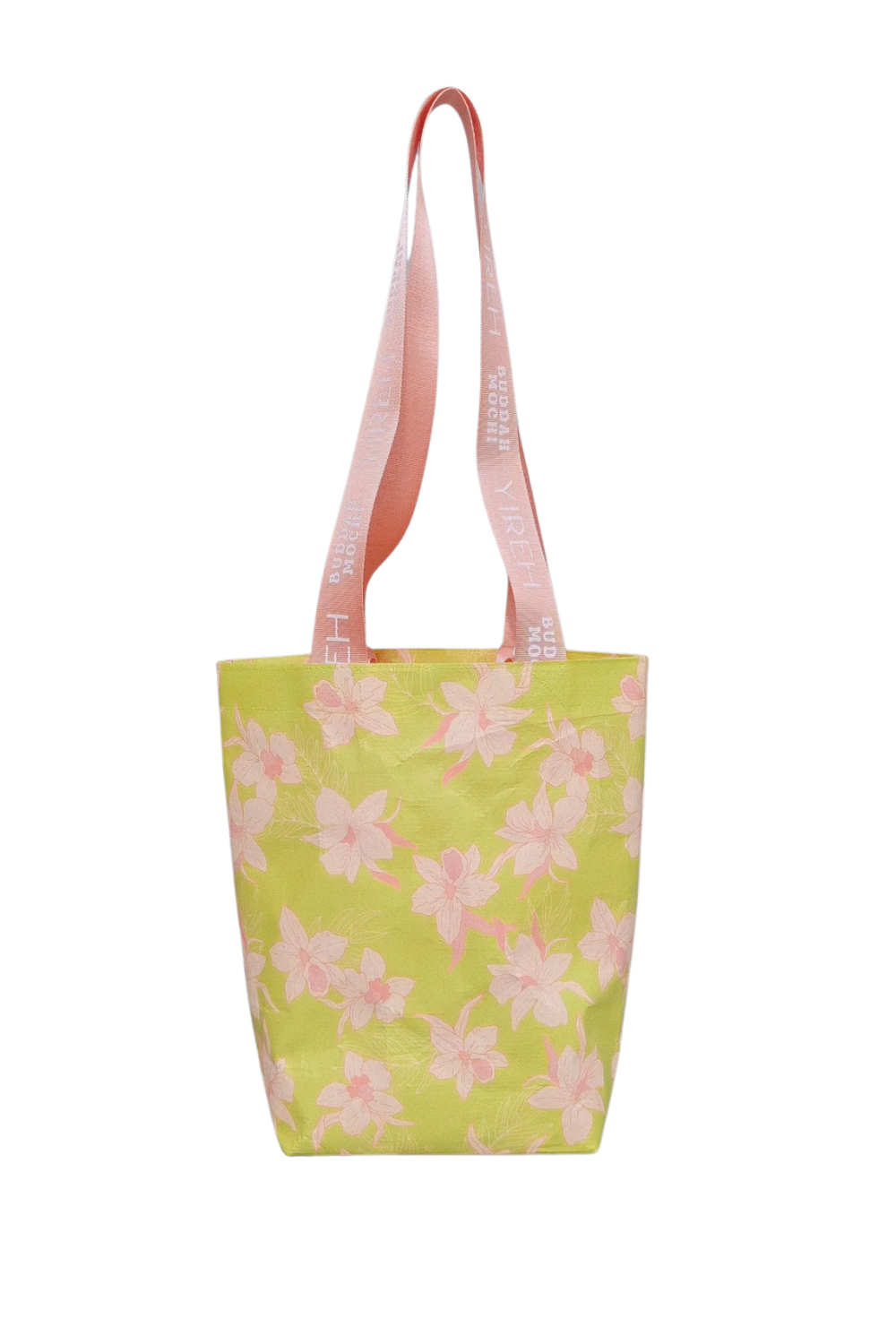 yireh and buddah mochi collab mini tote bag in bright green color with orchid pattern