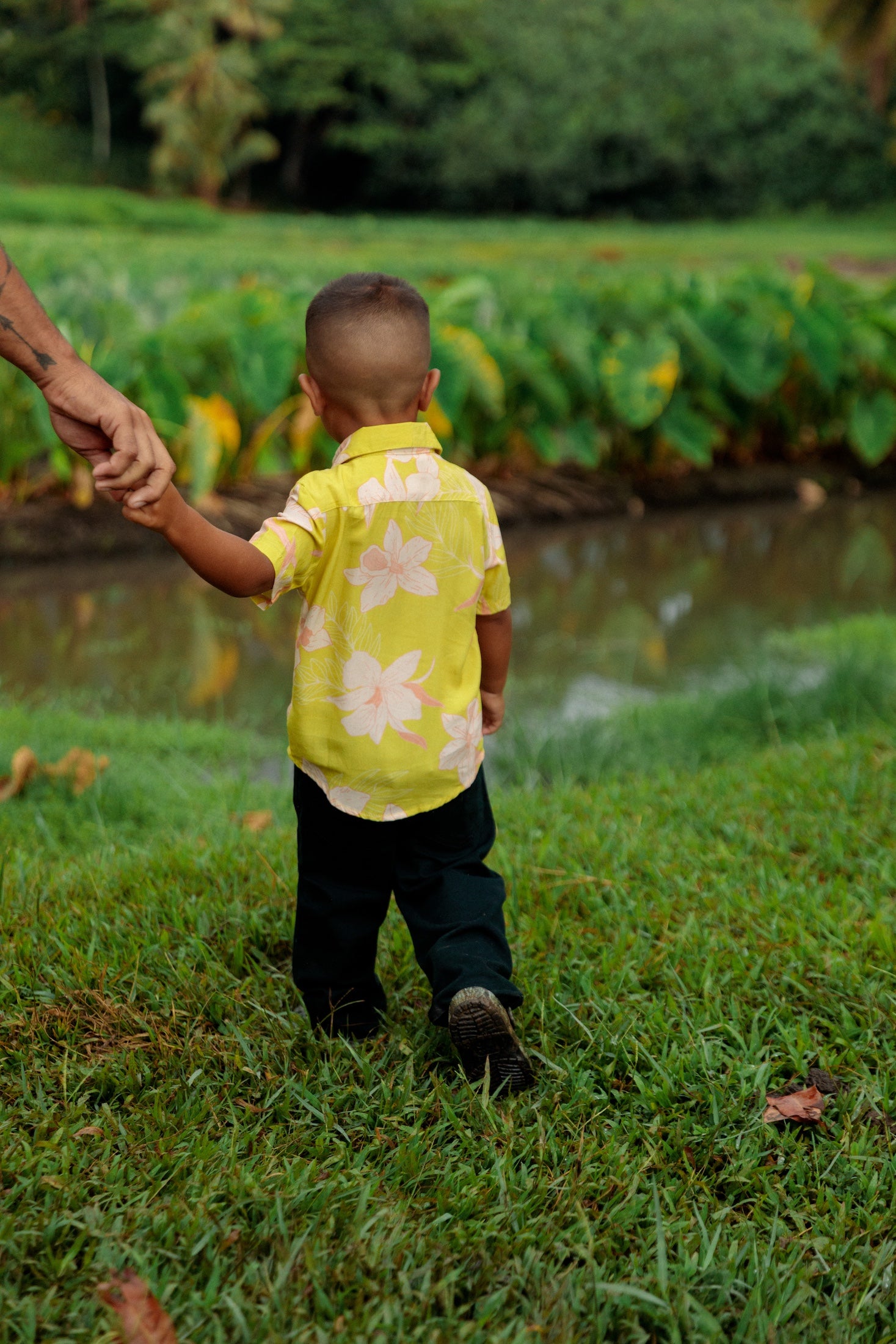 little boy wearing bright green aloha shirt with orchid print