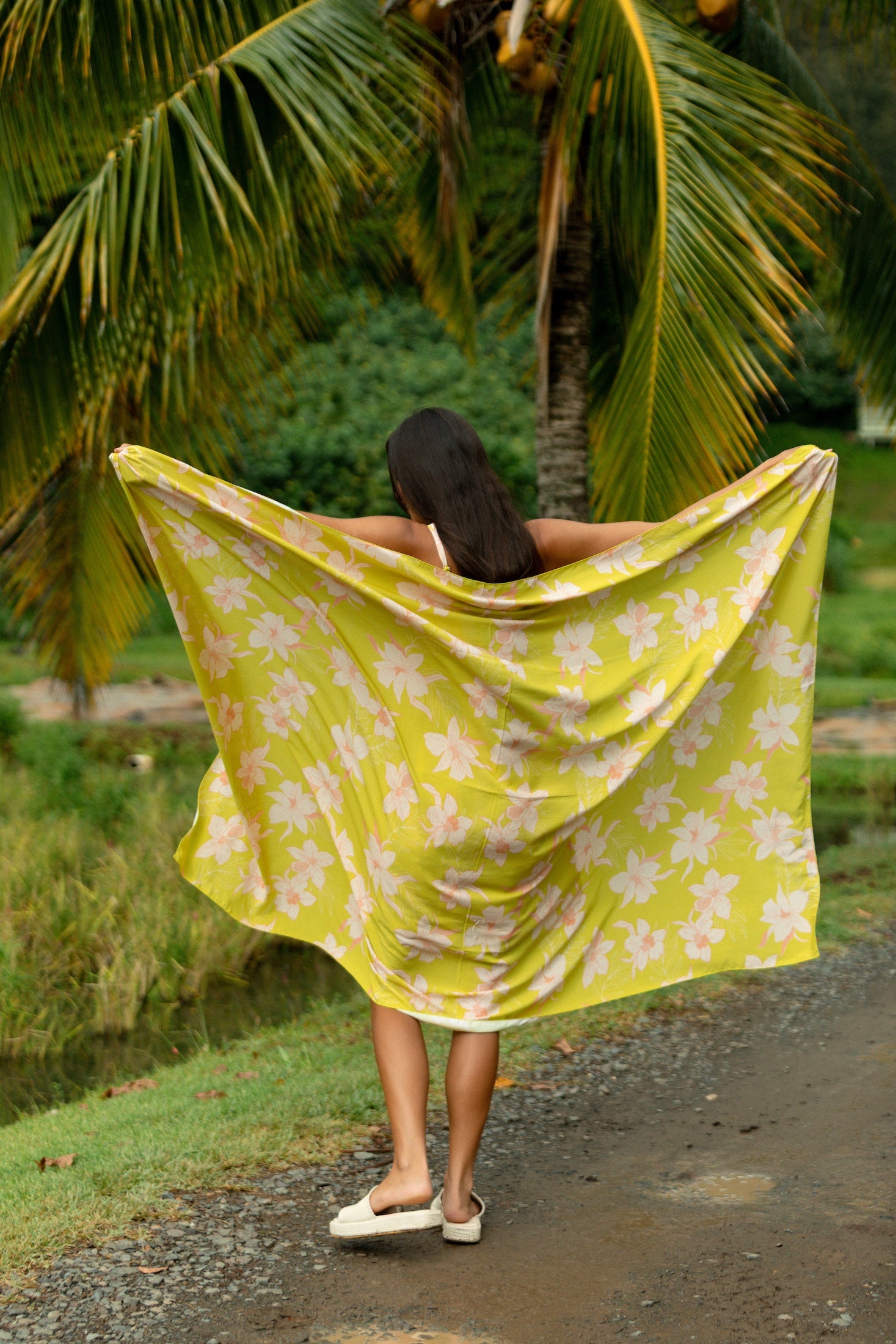 bright green pareo with orchid pattern