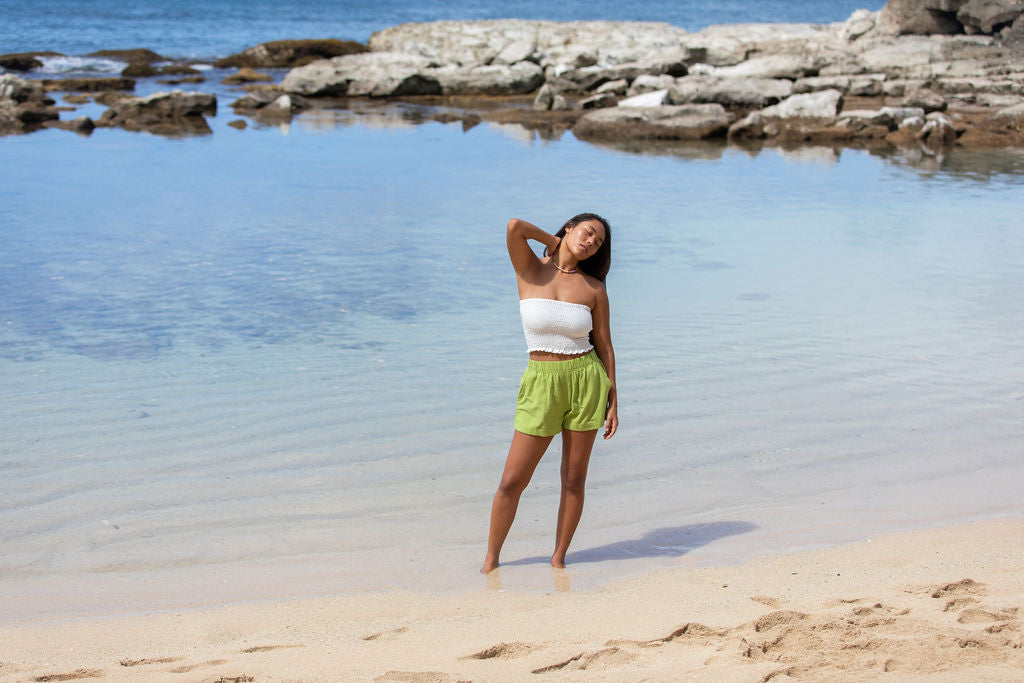 YIREH Rumi Bandeau in Cloud - Rayon Women's Top (w/ Millie Short in Parakeet)