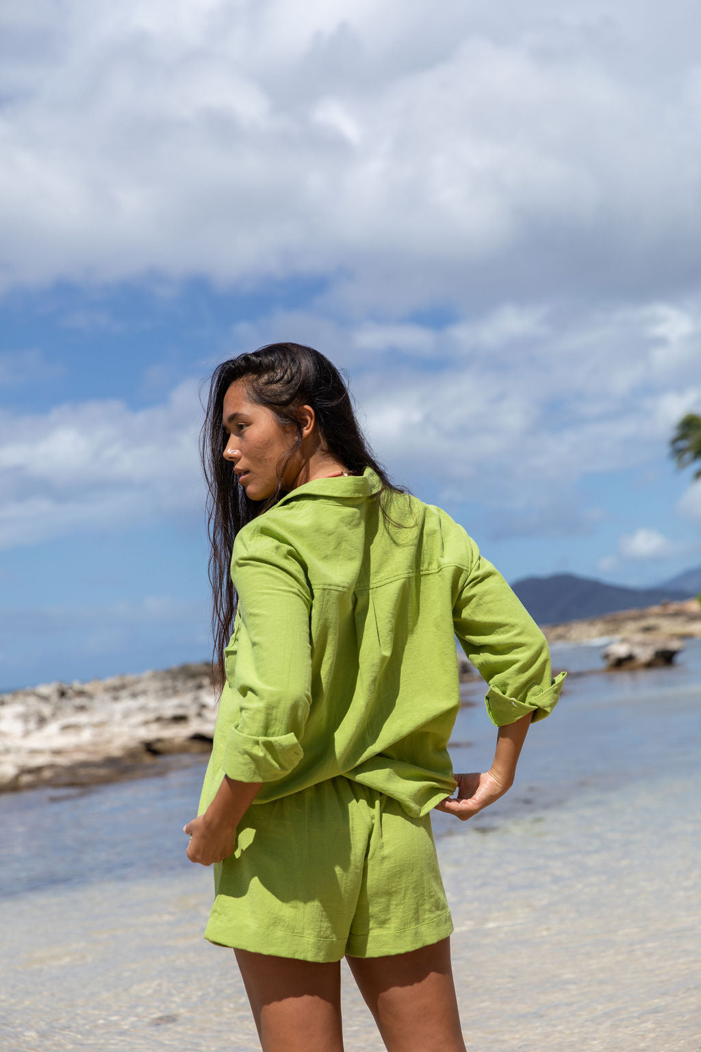 YIREH Millie Short in Parakeet - Rayon Women's Shorts (w/ A La Mode Button-Up In Parakeet)