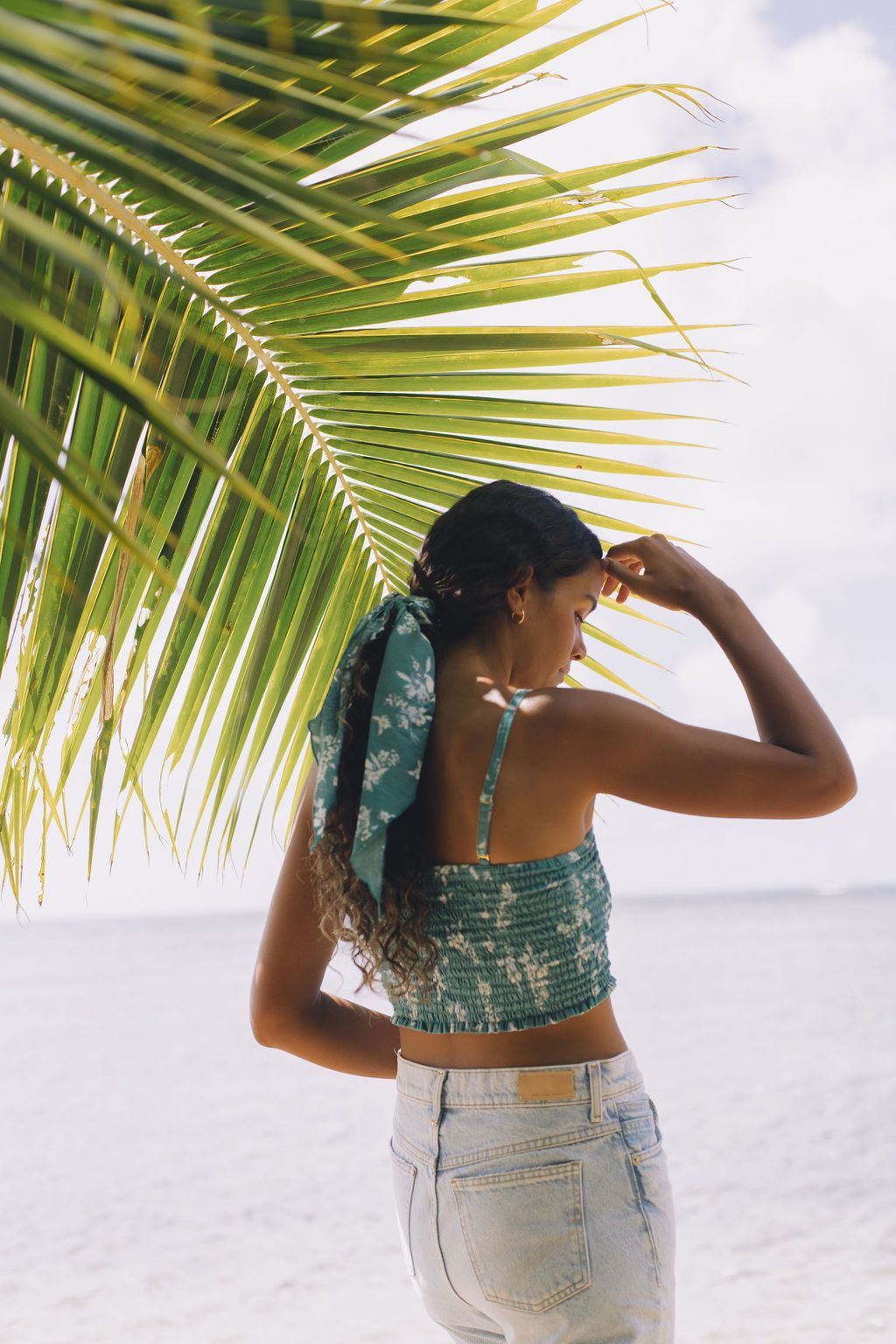 YIREH Rumi Bandeau in Lagoon - Rayon Women's Top (w/ Scarf in Fern)