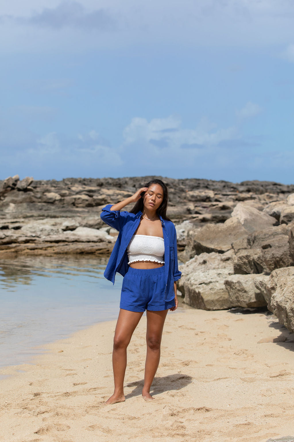 YIREH Rumi Bandeau in Cloud - Rayon Women's Top (w/ Millie Short in Kai & A La Mode Button-Up in Kai)