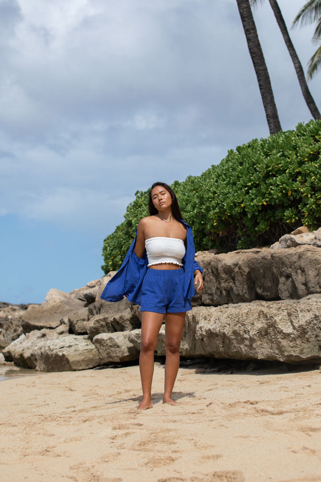 YIREH Rumi Bandeau in Cloud - Rayon Women's Top (w/ Millie Short in Kai & A La Mode Button-Up in Kai)