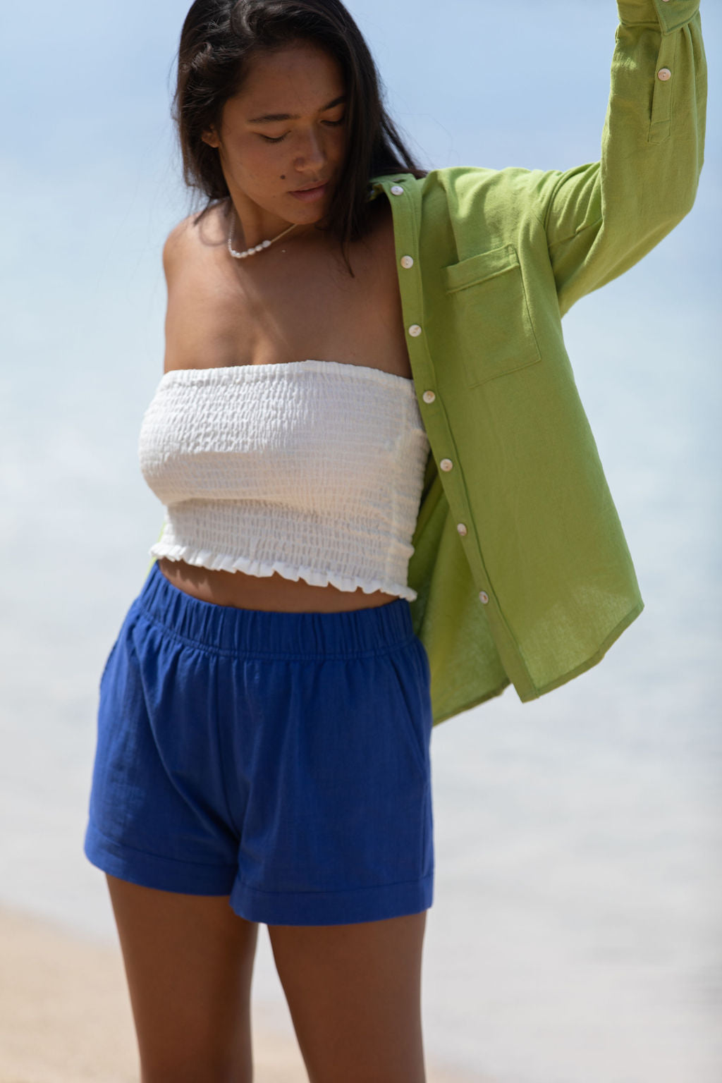 YIREH Rumi Bandeau in Cloud - Rayon Women's Top (w/ Millie Short in Kai & A La Mode Button-Up in Parakeet)