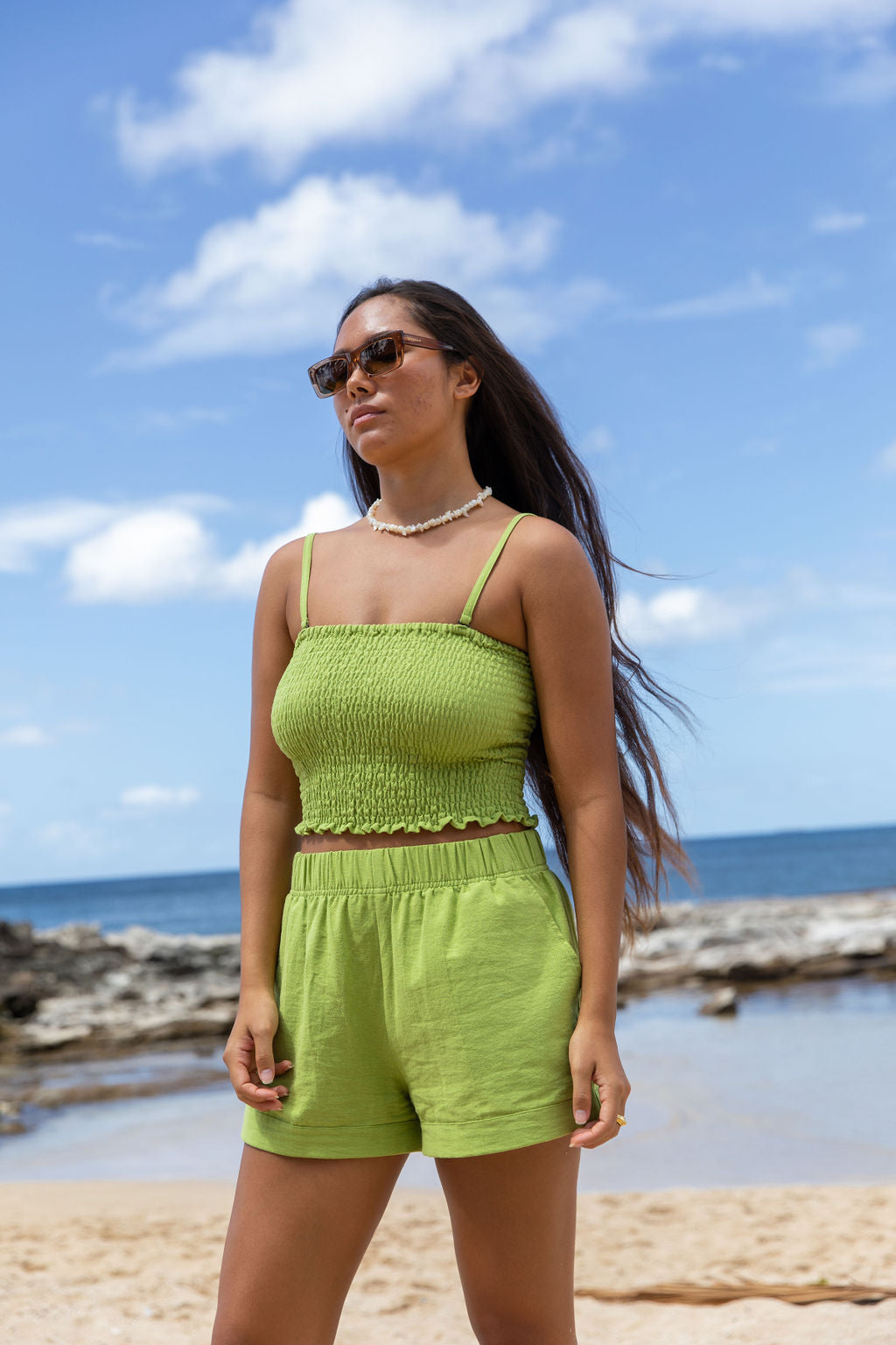 YIREH Millie Short in Parakeet - Rayon Women's Shorts (w/ Rumi Bandeau in Parakeet)