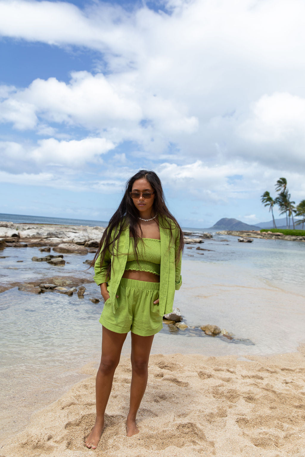 YIREH Rumi Bandeau in Parakeet - Rayon Women's Top (w/ Millie Short in Parakeet & A La Mode Button-Up in Parakeet)