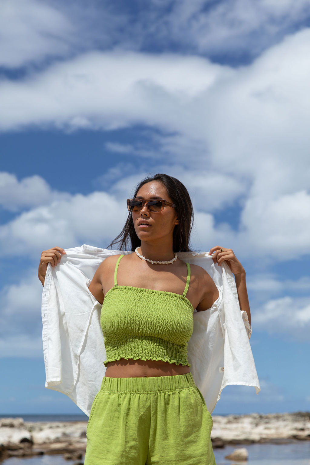 YIREH Rumi Bandeau in Parakeet - Rayon Women's Top (w/ Millie Short in Parakeet & A La Mode Button-Up in Cloud)