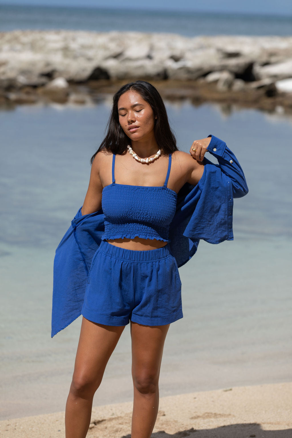 YIREH Millie Short in Kai - Rayon Women's Shorts (w/ A La Mode Button-Up & Rumi Bandeau in Kai)