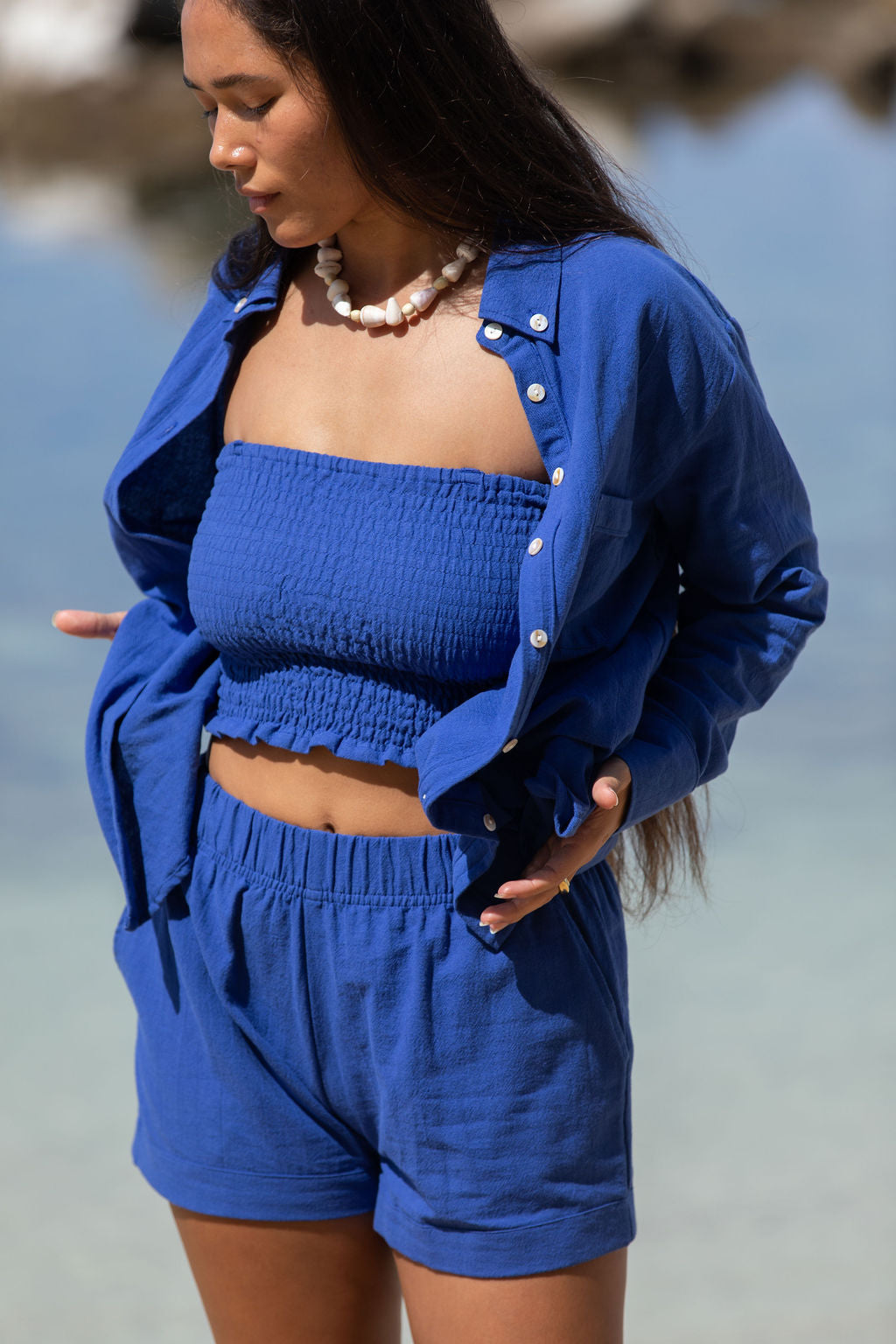YIREH Millie Short in Kai - Rayon Women's Shorts (w/ A La Mode Button-Up & Rumi Bandeau in Kai)