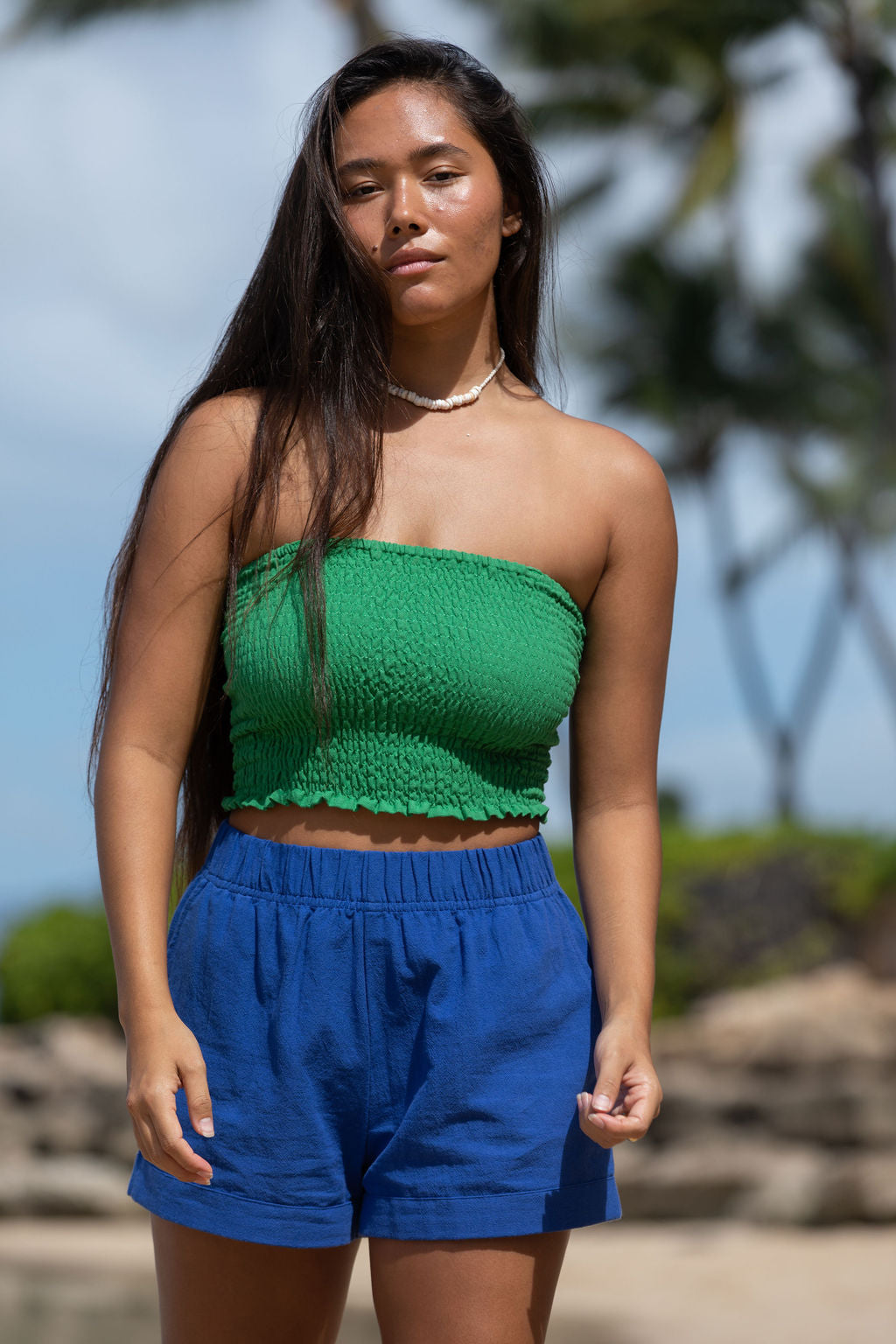 YIREH Rumi Bandeau in Monstera - Rayon Women's Top (w/ Millie Short in Kai)