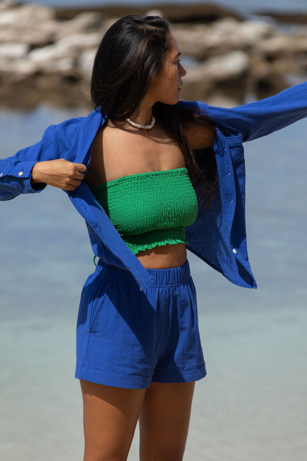 YIREH Rumi Bandeau in Monstera - Rayon Women's Top (w/ Millie Short in Kai)