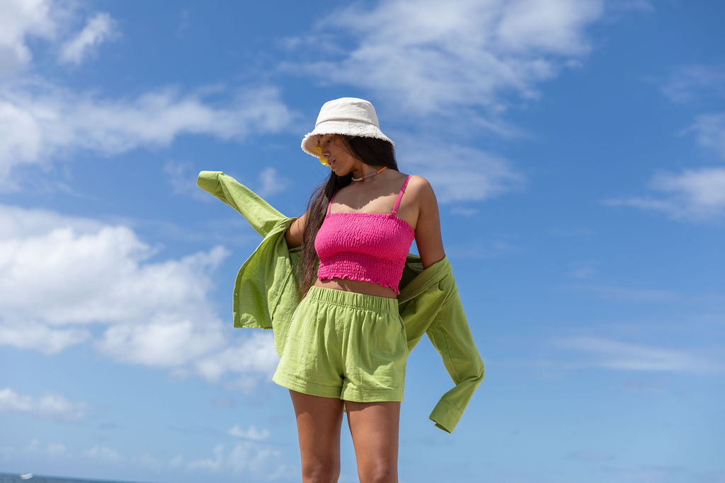 YIREH Rumi Bandeau in Pitaya - Rayon Women's Top (w/Millie Short in Parakeet & A La Mode Button-Up in Parakeet)