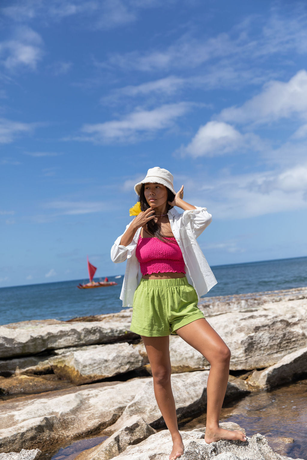 YIREH Rumi Bandeau in Pitaya - Rayon Women's Top (w/Millie Short in Parakeet & A La Mode Button-Up in Cloud)