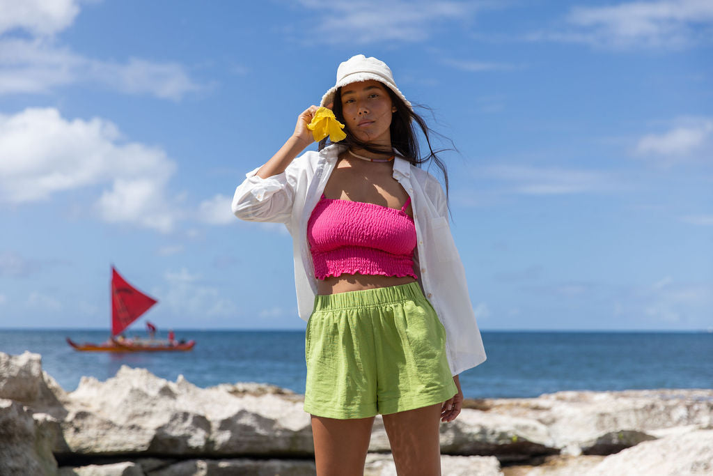 YIREH Rumi Bandeau in Pitaya - Rayon Women's Top (w/Millie Short in Parakeet & A La Mode Button-Up in Cloud)