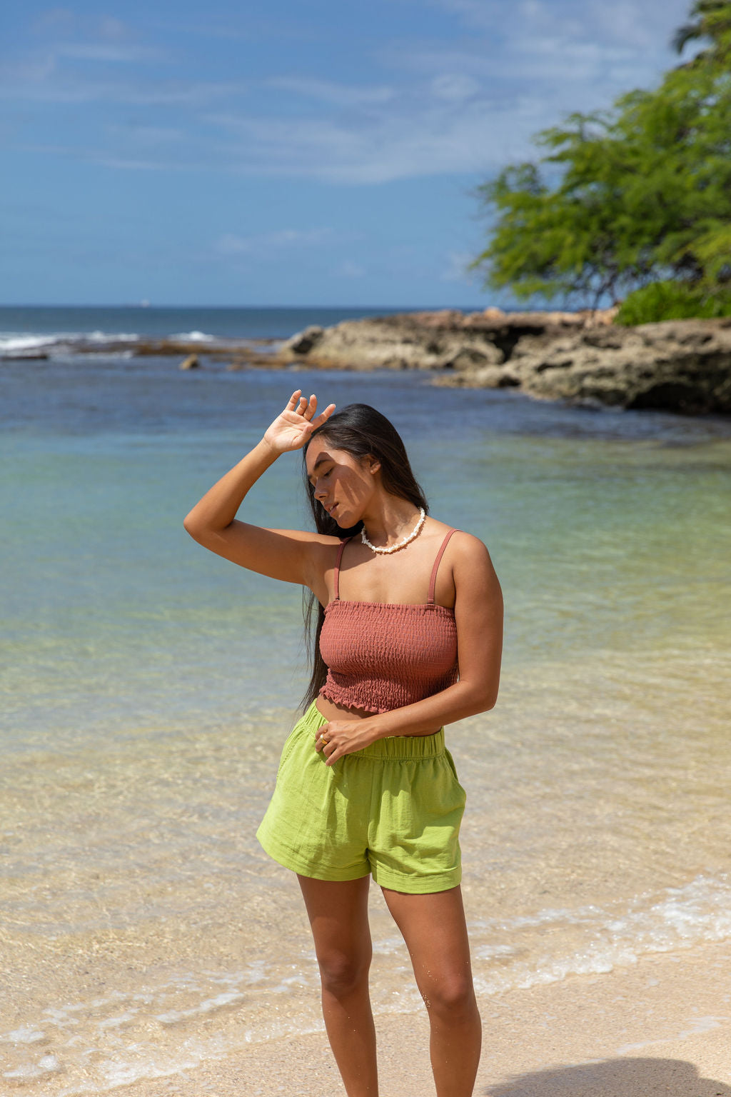 YIREH Millie Short in Parakeet - Rayon Women's Shorts (w/ Rumi Bandeau in Terra)