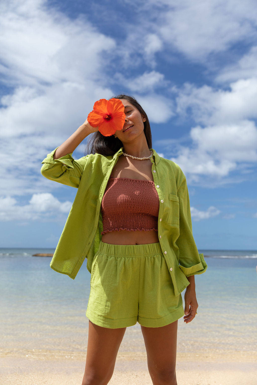 YIREH Millie Short in Parakeet - Rayon Women's Shorts (w/ A La Mode Button-Up in Parakeet & Rumi Bandeau in Terra)