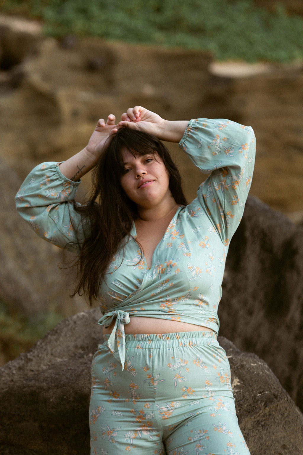 YIREH Zoe Wrap Top in Sage - Rayon Women's Top (w/ Sumi Pant in Sage)