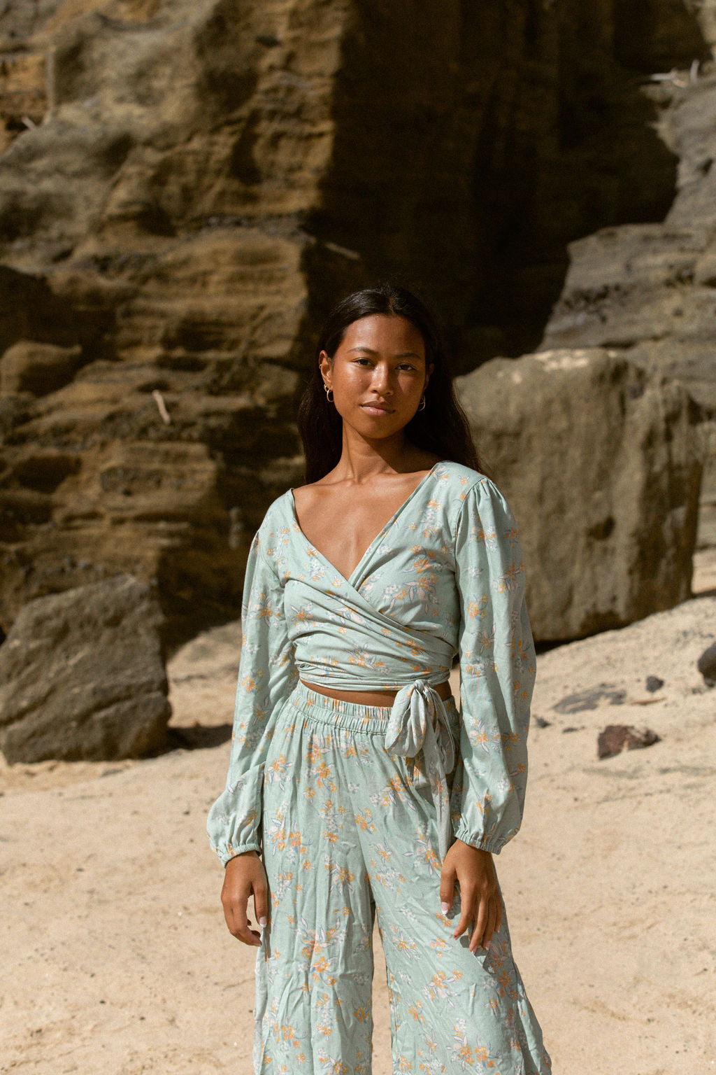 YIREH Zoe Wrap Top in Sage - Rayon Women's Top (w/ Sumi Pant in Sage)