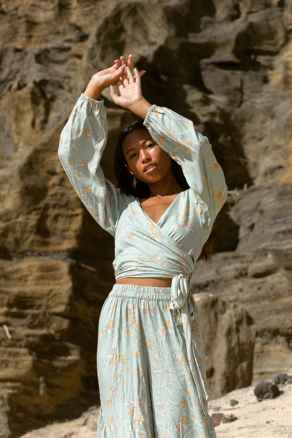 YIREH Zoe Wrap Top in Sage - Rayon Women's Top (w/ Sumi Pant in Sage)