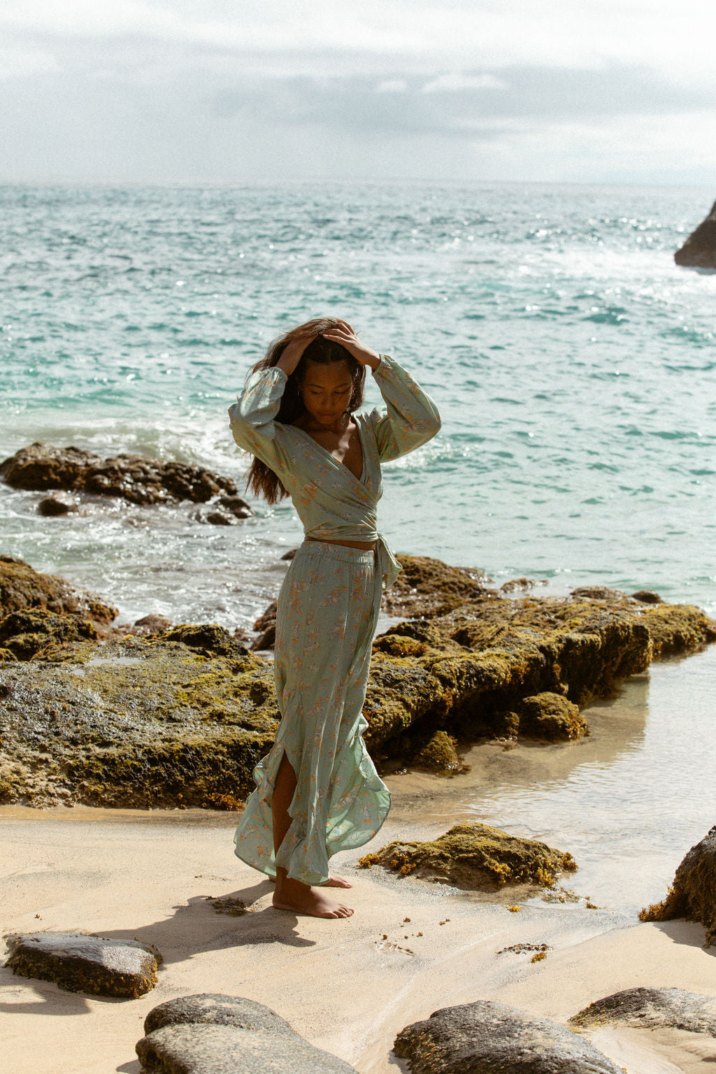 YIREH Zoe Wrap Top in Sage - Rayon Women's Top (w/ Sumi Pant in Sage)