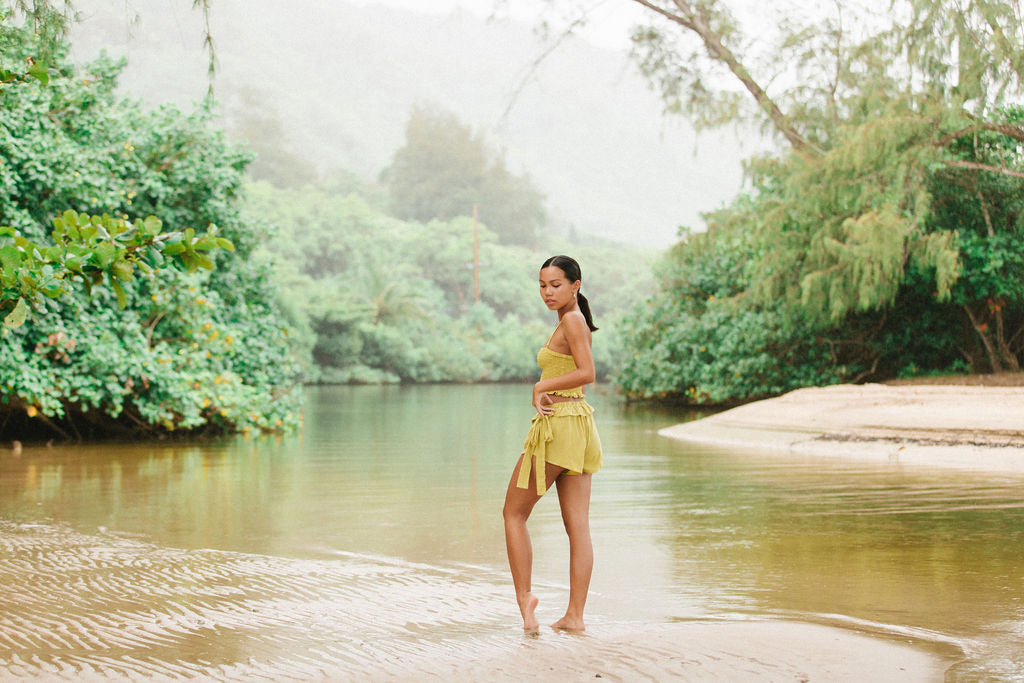 YIREH Pantai Short in Pantai Short in Turmeric - Rayon Women's Shorts (w/ Rumi Bandeau in Pantai Short in Turmeric)