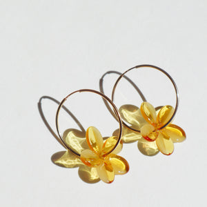 yellow glass plumeria hoop earrings