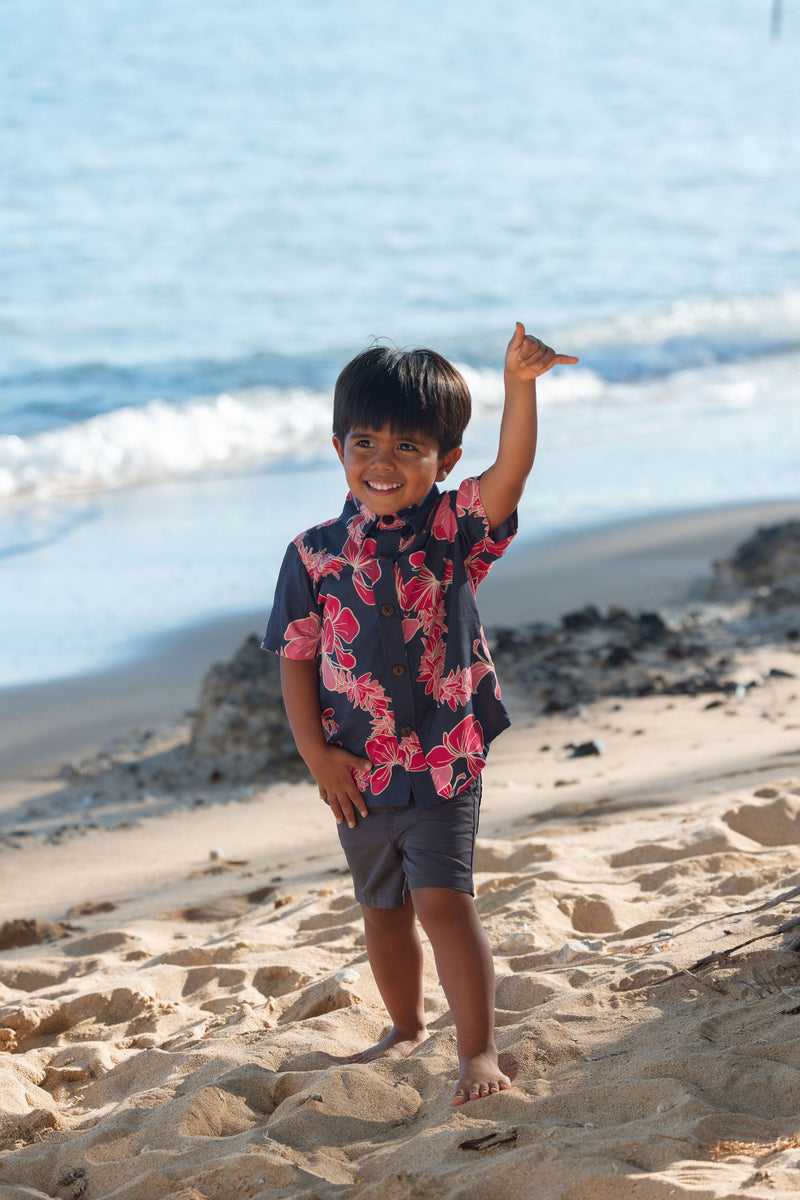 Boy in button up shirt with dark navy ground and pink ginger and lei.