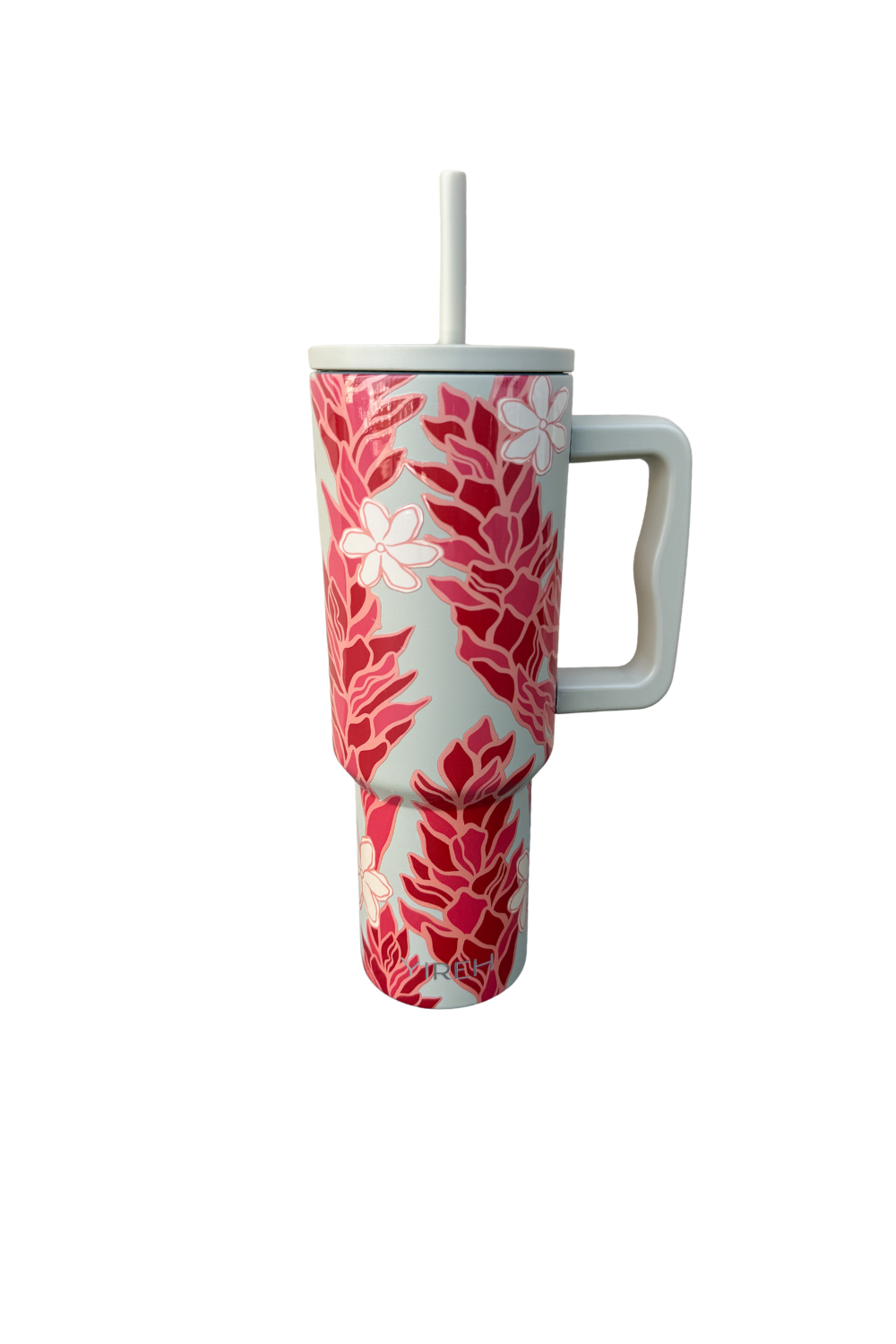 A stainless steel water bottle in a light green color featuring red ginger flowers