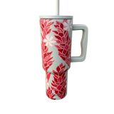 A stainless steel water bottle in a light green color featuring red ginger flowers