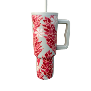 A stainless steel water bottle in a light green color featuring red ginger flowers