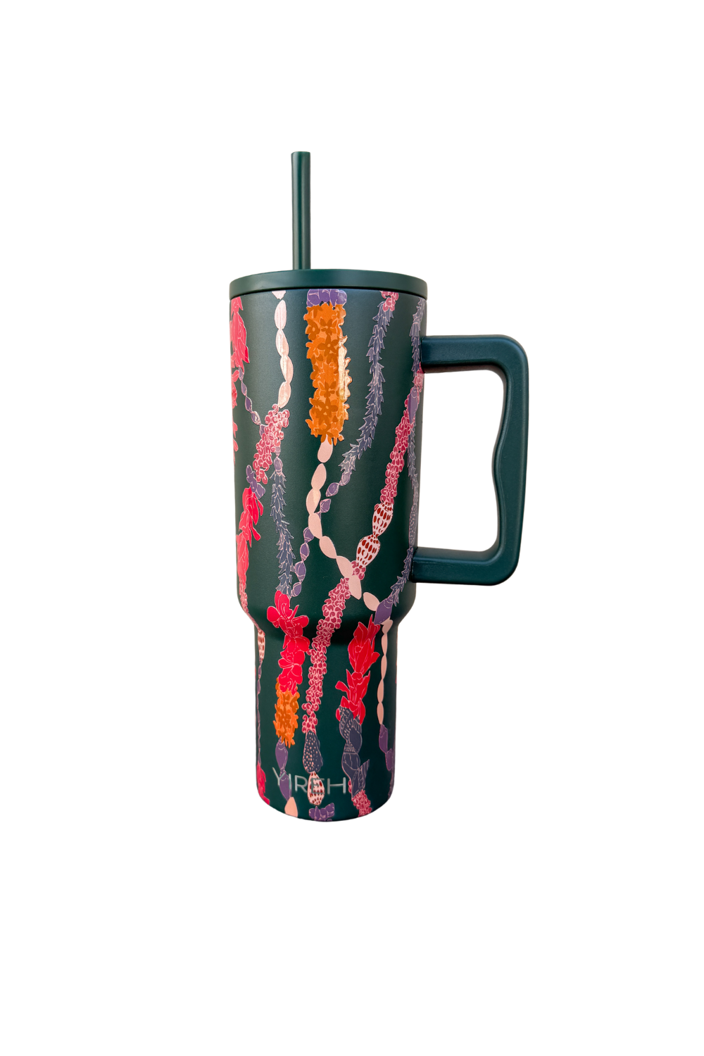 stainless steel water bottle in dark green with color flower and shell leis
