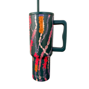 stainless steel water bottle in dark green with color flower and shell leis