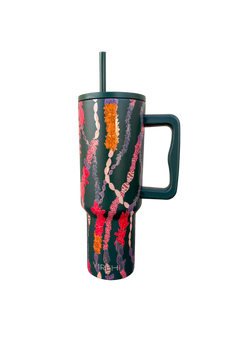 stainless steel water bottle in dark green with color flower and shell leis