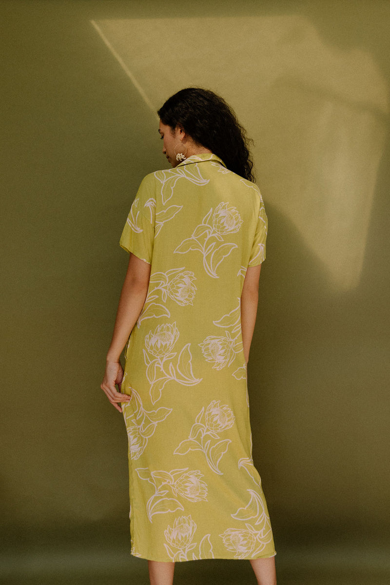 Woman in long short sleeve shirt dress with beige floral print on light green ground.