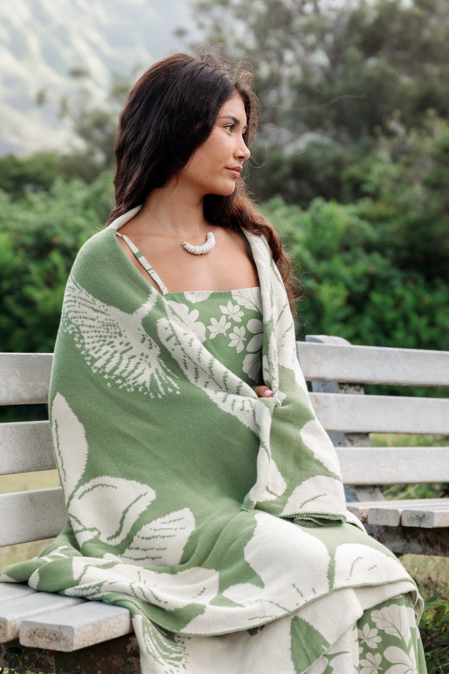 green woven cotton blanket with native hawaiian flowers 