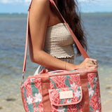 green cooler bag with tiare and red ginger floral pattern