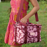 cooler bag with brown and pink hibiscus print