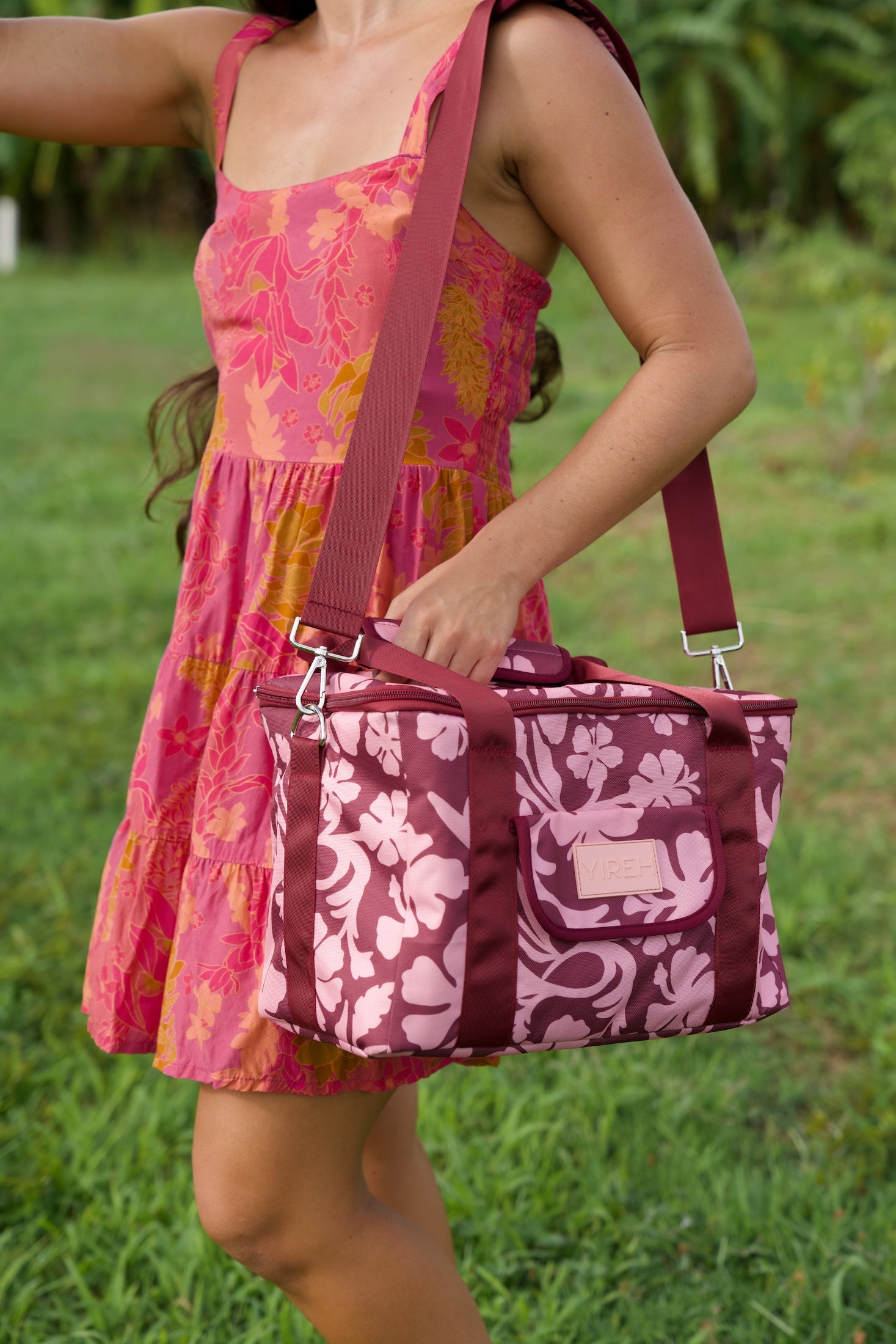 cooler bag with brown and pink hibiscus print