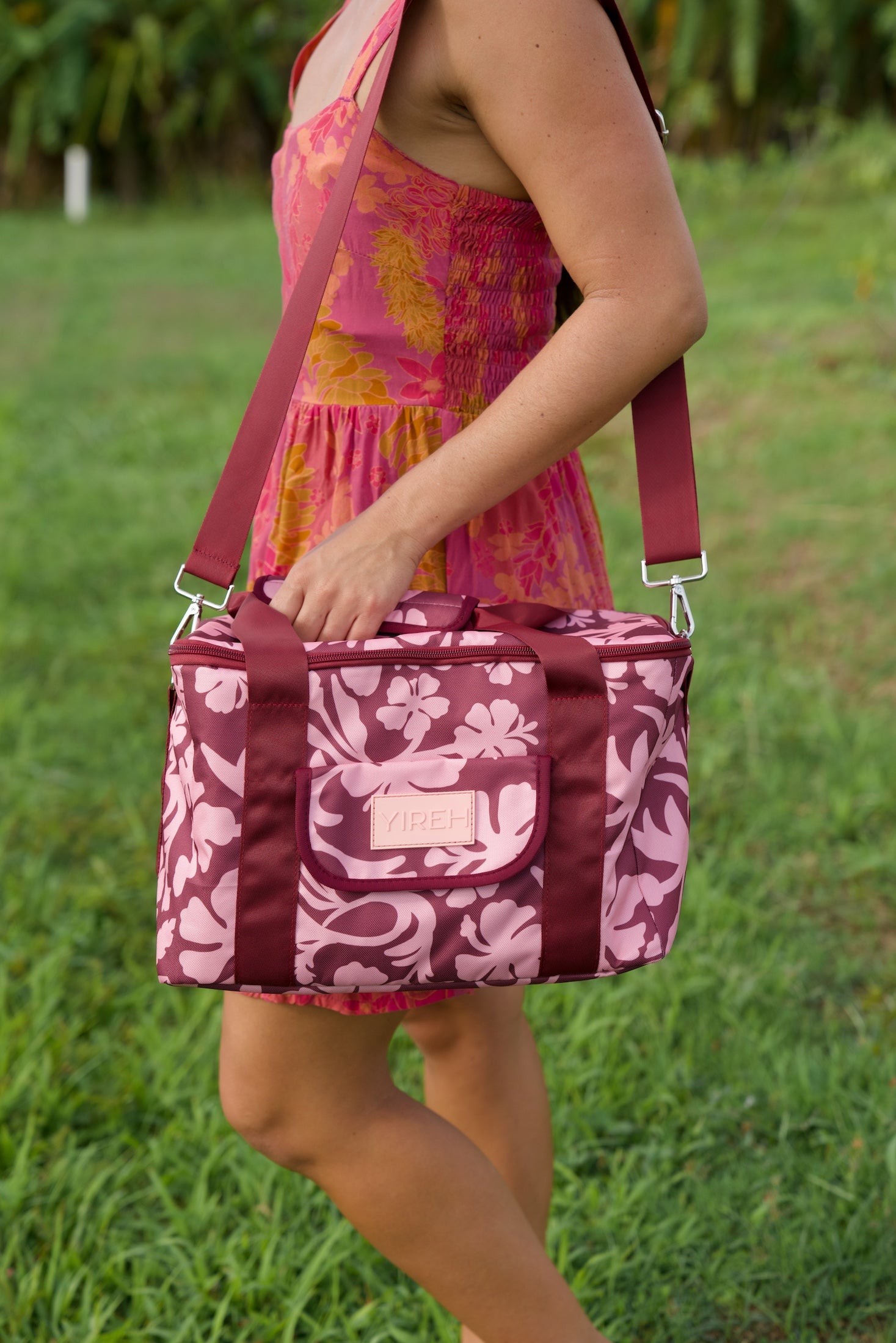 cooler bag with brown and pink hibiscus print
