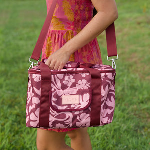 cooler bag with brown and pink hibiscus print