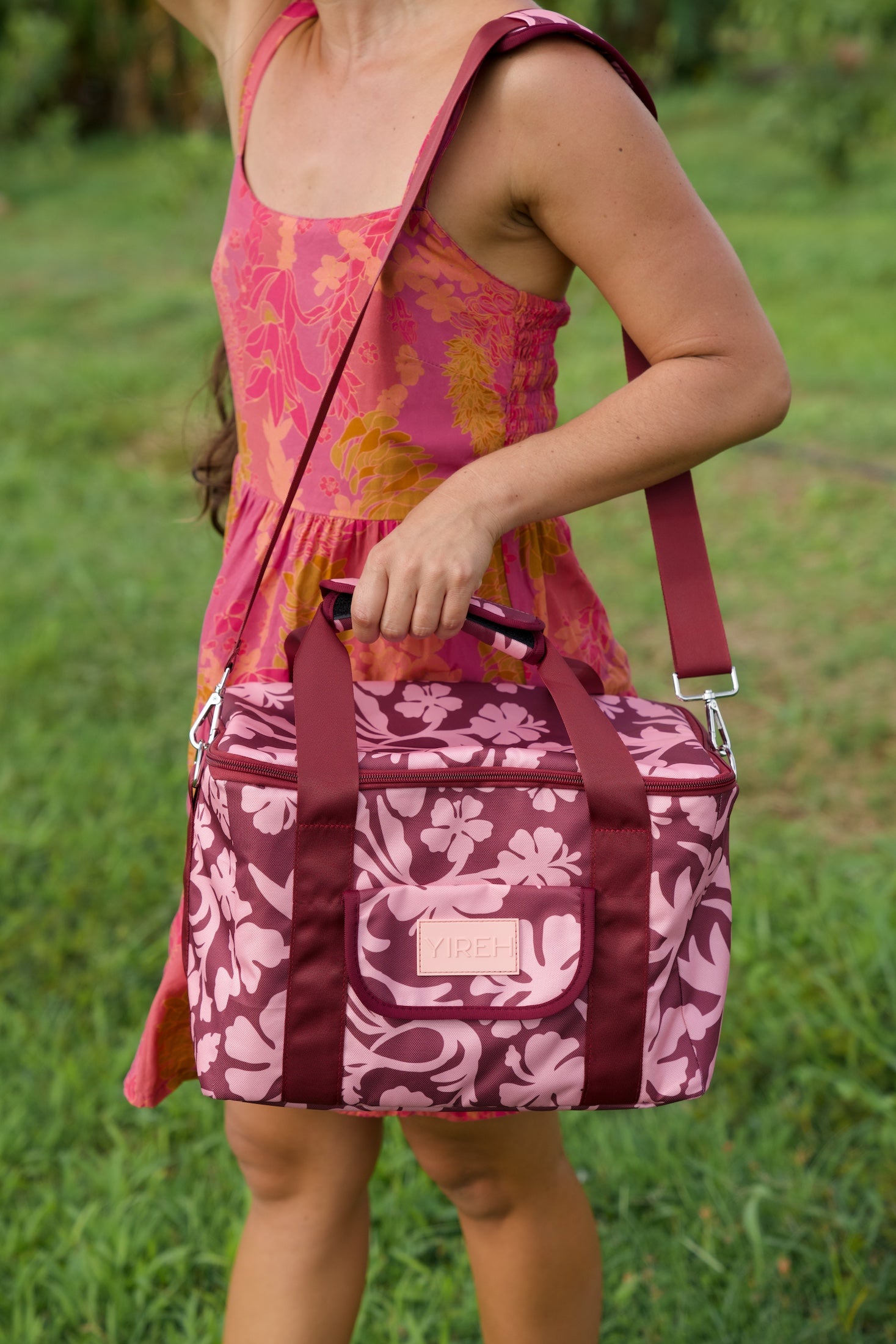 cooler bag with brown and pink hibiscus print
