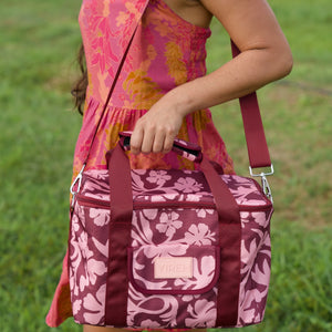 cooler bag with brown and pink hibiscus print