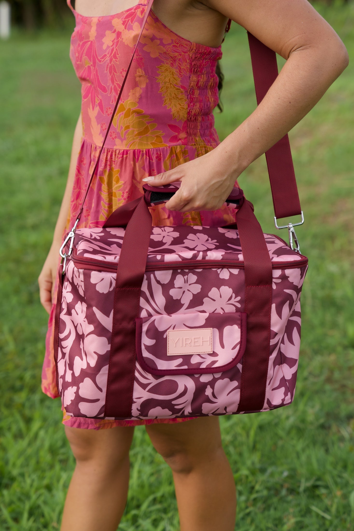 cooler bag with brown and pink hibiscus print