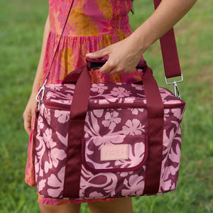 cooler bag with brown and pink hibiscus print