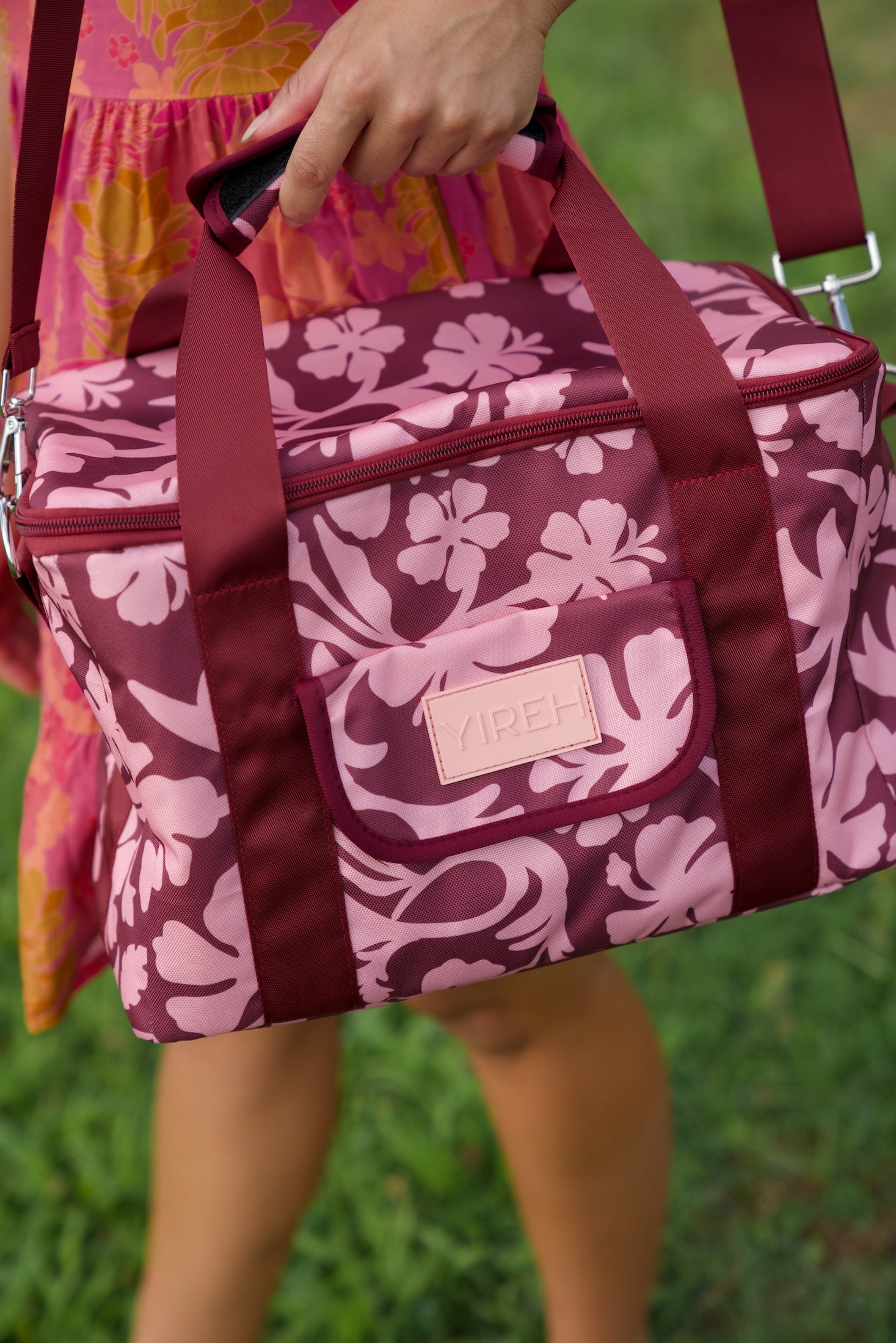 cooler bag with brown and pink hibiscus print