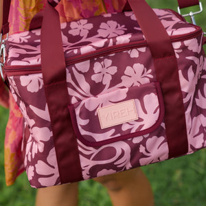 cooler bag with brown and pink hibiscus print