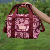 cooler bag with brown and pink hibiscus print