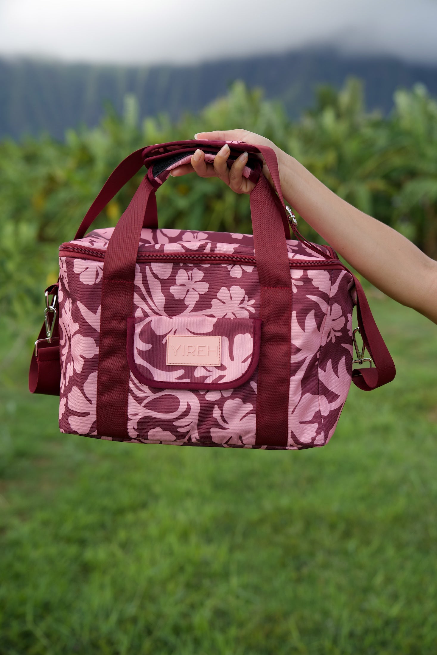 cooler bag with brown and pink hibiscus print